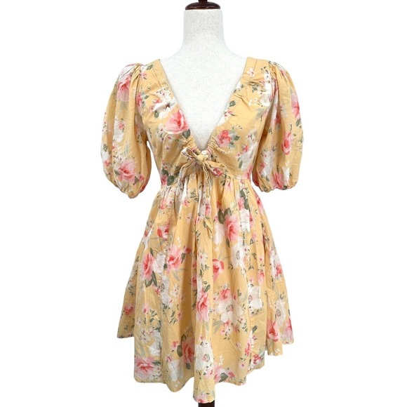 Abercrombie & Fitch Dresses & Skirts - Abercrombie & Fitch Babydoll Dress Yellow Floral Puff Sleeves V-Neck Size Small